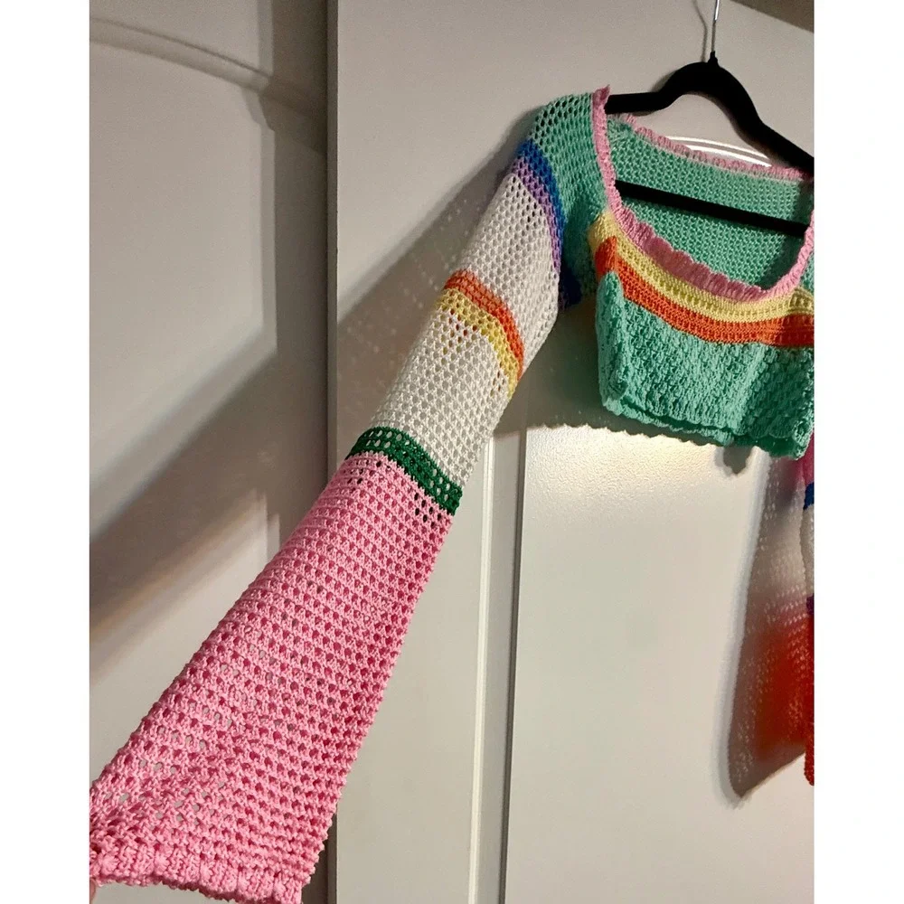 Handmade Crochet Crop Top Small Multicolor Rainbow Flare Sleeve Boho Festival